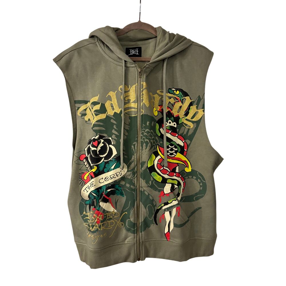 NWT Ed Hardy Men’s Dagger Rose Fleece Cut Off Hoodie Olive Green Size Large